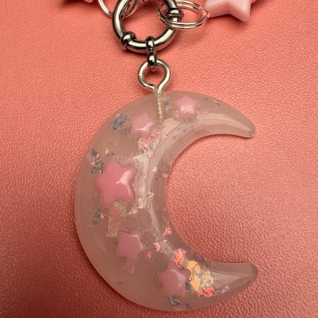 Pastel pink star & faux pearl beaded crescent moon charm necklace