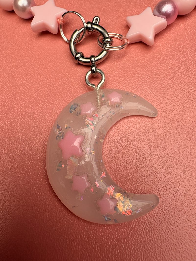 Pastel pink star & faux pearl beaded crescent moon charm necklace