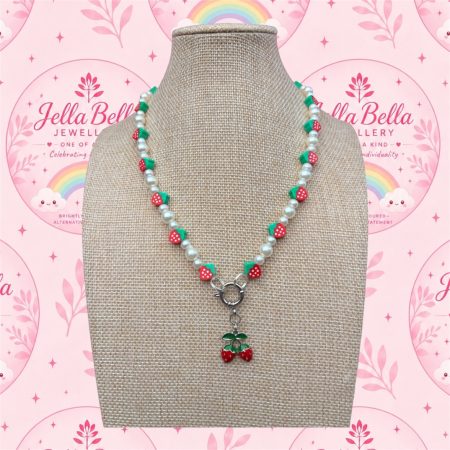 Strawberry themed faux pearl charm necklace