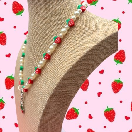 Strawberry themed faux pearl charm necklace