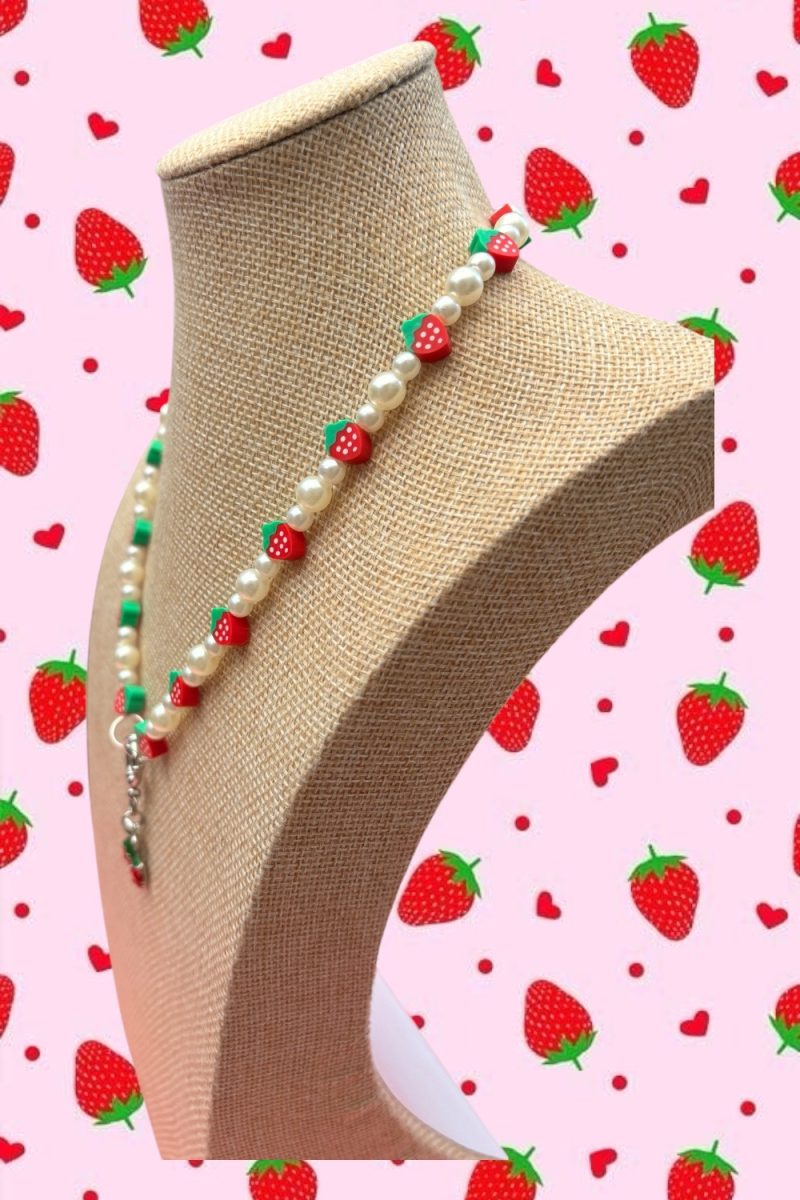 Strawberry themed faux pearl charm necklace