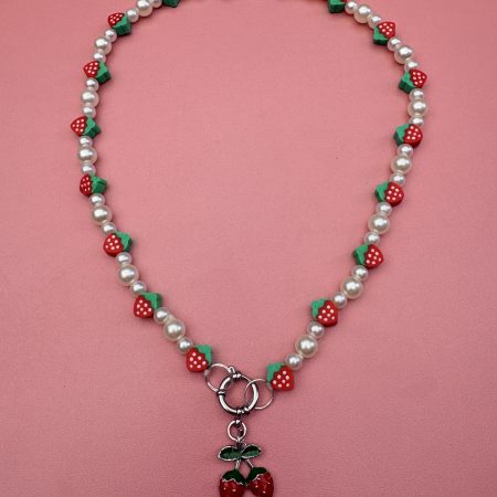 Strawberry themed faux pearl charm necklace