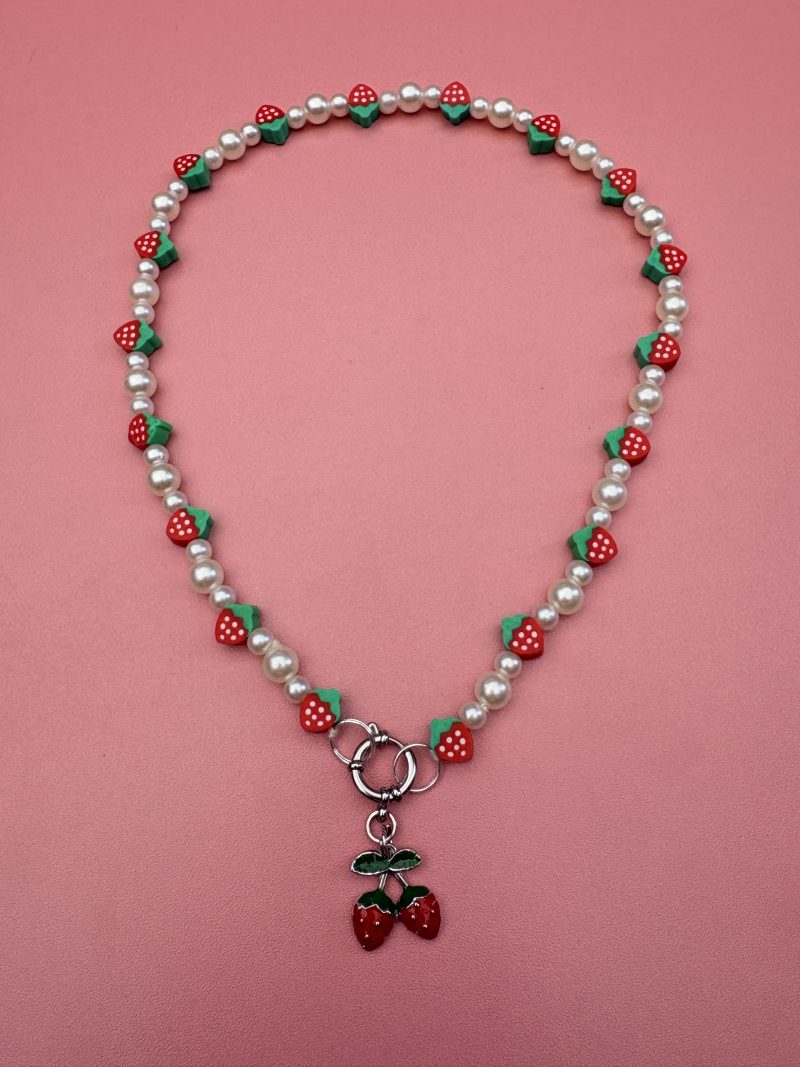 Strawberry themed faux pearl charm necklace