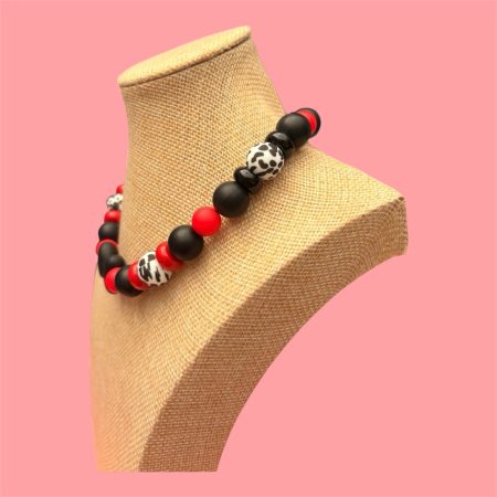Bold beaded black,red and Dalmatian print bow centre necklace