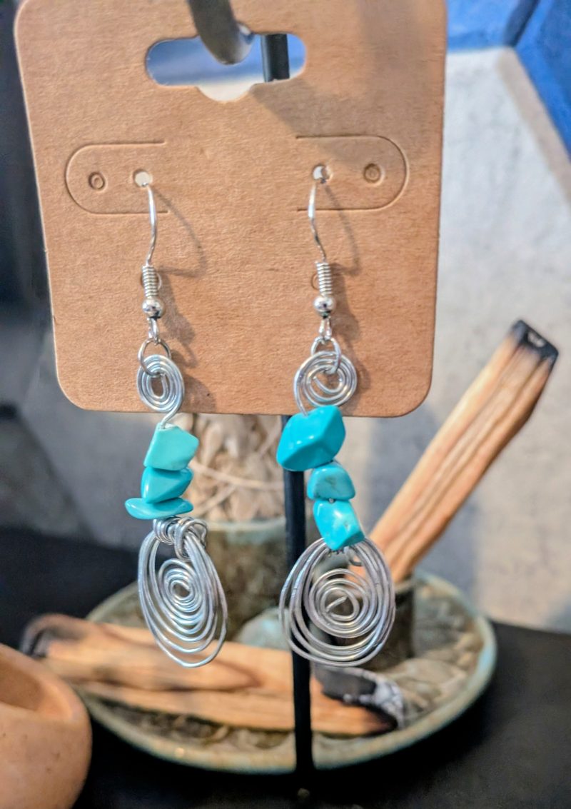 Turquoise Crystal & Wire Spiral Drop Earrings | Handmade Wire Wrapped Earrings | Boho Drop Earrings | Stainless Steel Findings