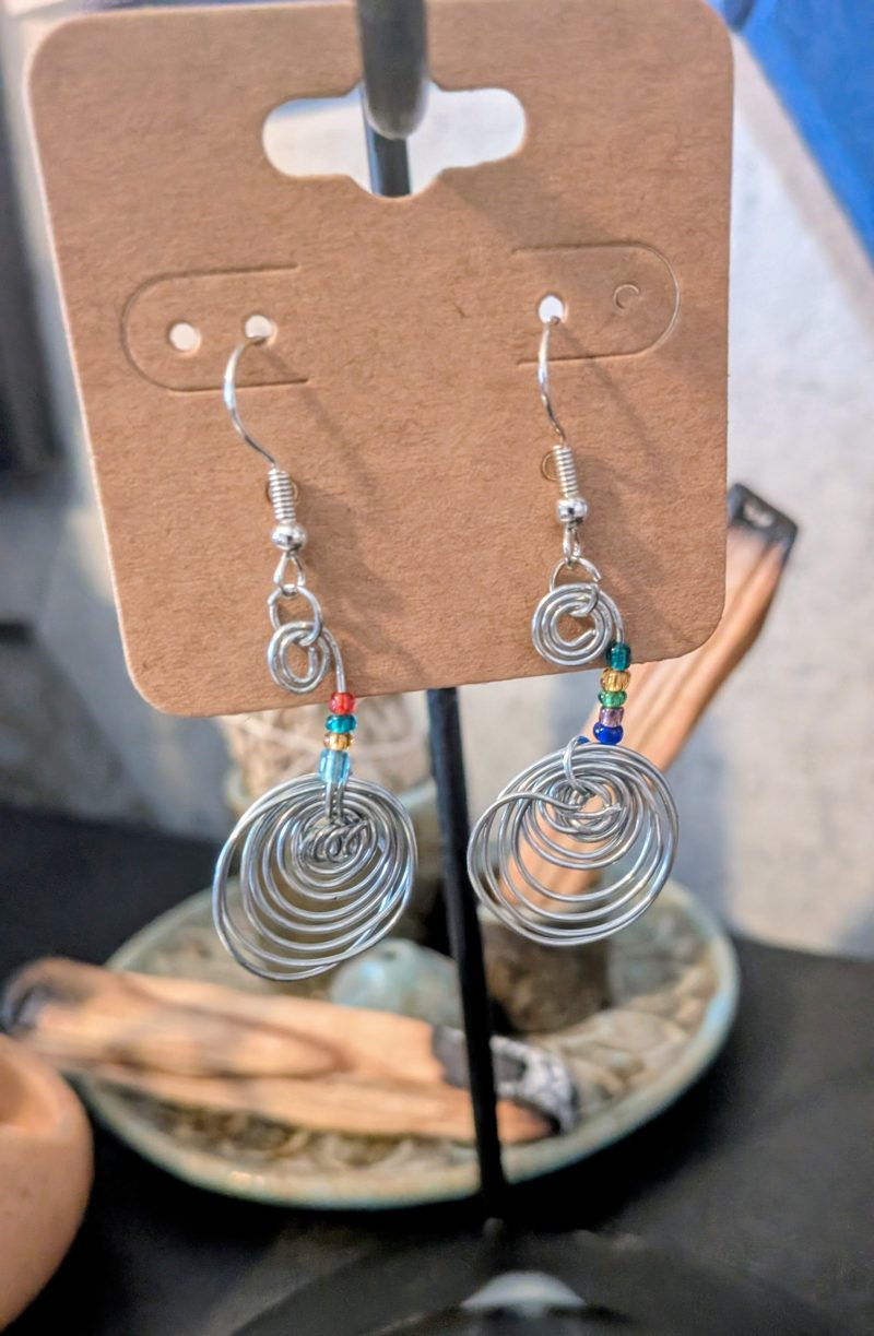Rainbow Seed Bead & Wire Spiral Drop Earrings | Handmade Wire Wrapped Earrings | Boho Drop Earrings |