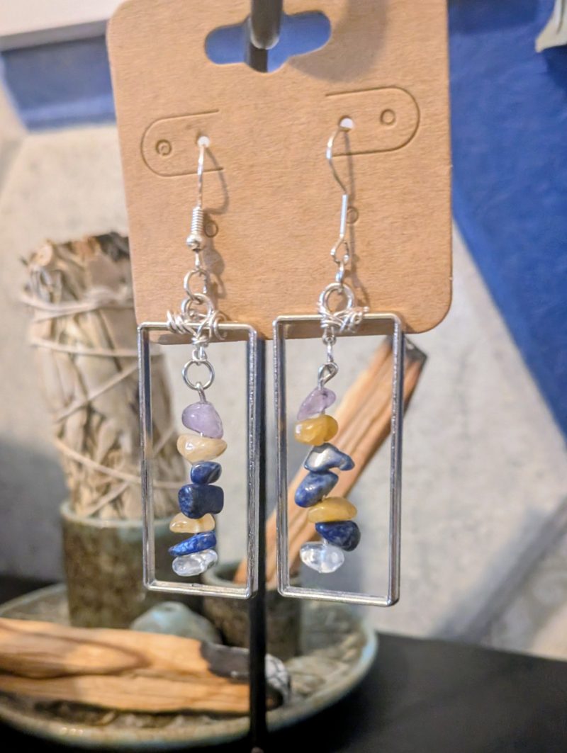 Mixed Crystal & Rectangle Frame Drop Earrings | Handmade Geometric Earrings | Boho Stone Earrings | Stainless Steel Findings