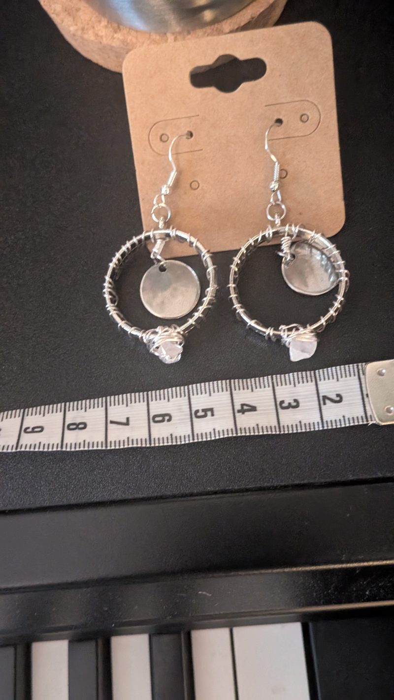 Wire Wrapped Hoop Earrings with Crystal & Disc Pendant | Handmade Boho Earrings | Stainless Steel Findings