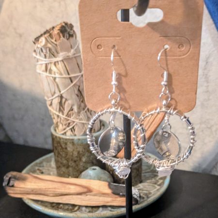 Wire Wrapped Hoop Earrings with Crystal & Disc Pendant | Handmade Boho Earrings | Stainless Steel Findings