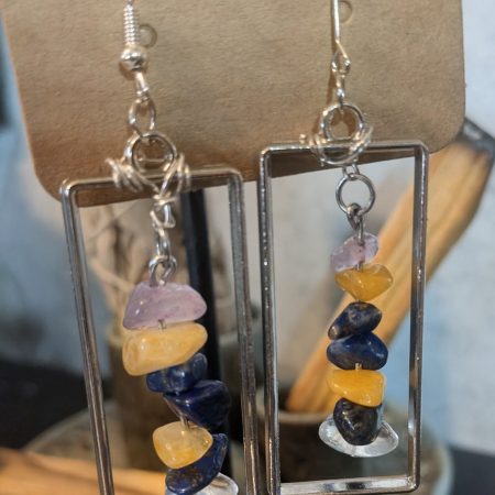 Mixed Crystal & Rectangle Frame Drop Earrings | Handmade Geometric Earrings | Boho Stone Earrings | Stainless Steel Findings