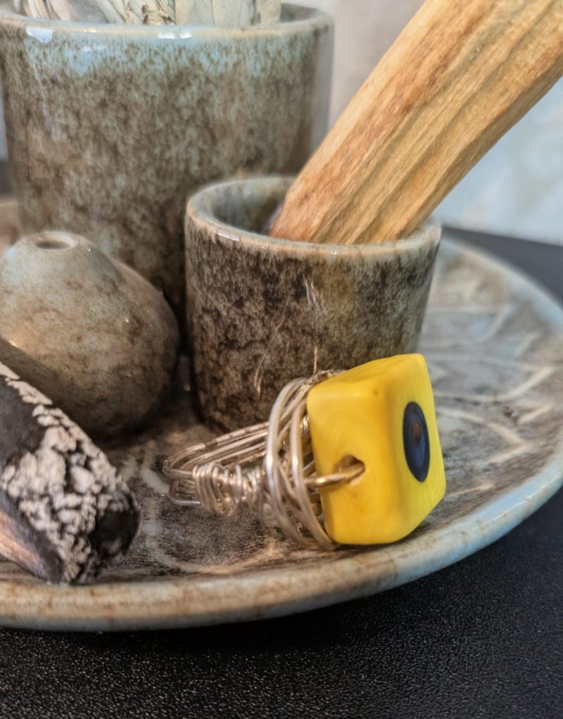Wire Wrapped Yellow Square Bead Ring | Size 5 | Handmade Boho Ring | Statement Ring | Gift for Her