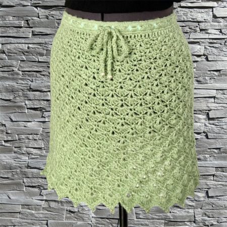 Handmade Sage Green Crochet Mini Skirt with Beaded Trim – Size 8