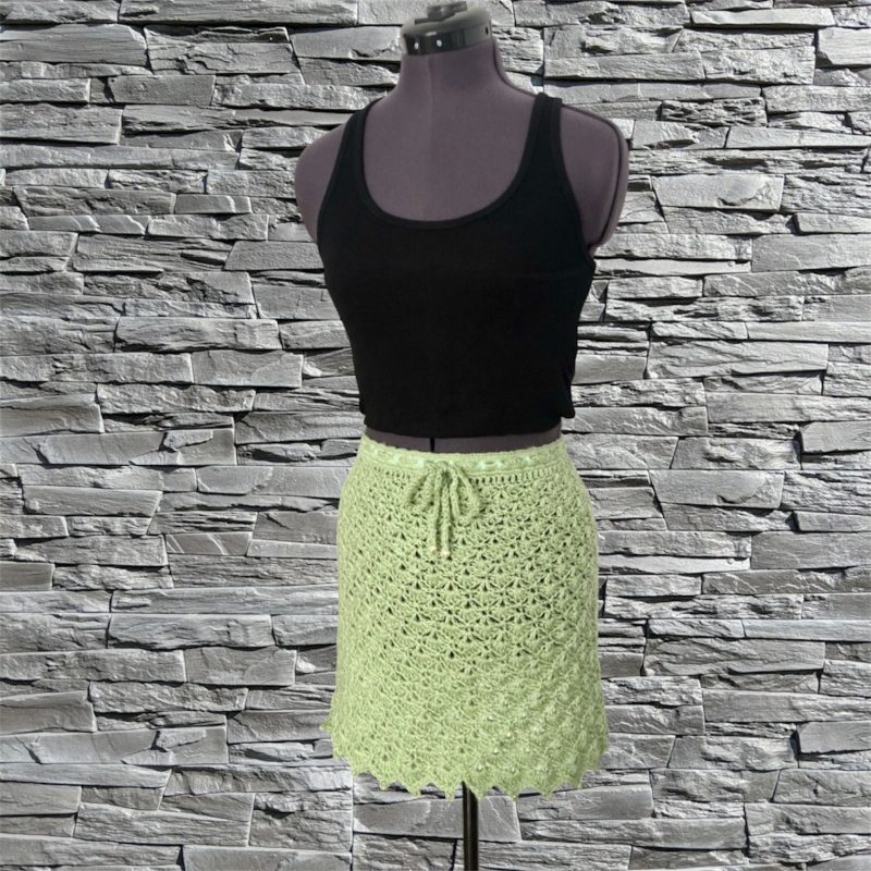 Handmade Sage Green Crochet Mini Skirt with Beaded Trim – Size 8
