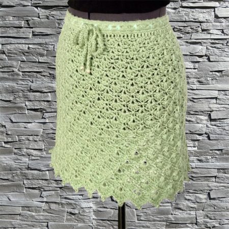 Handmade Sage Green Crochet Mini Skirt with Beaded Trim – Size 8