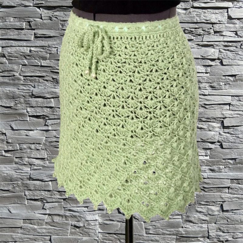 Handmade Sage Green Crochet Mini Skirt with Beaded Trim – Size 8