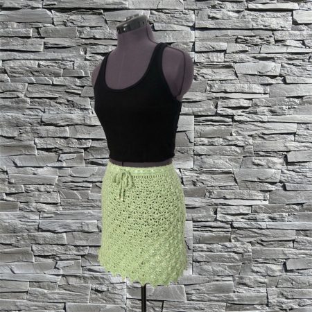 Handmade Sage Green Crochet Mini Skirt with Beaded Trim – Size 8