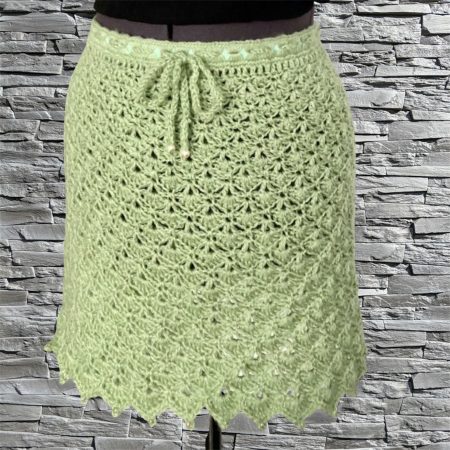 Handmade Sage Green Crochet Mini Skirt with Beaded Trim – Size 8