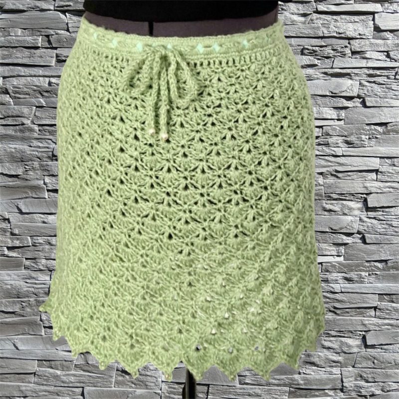 Handmade Sage Green Crochet Mini Skirt with Beaded Trim – Size 8