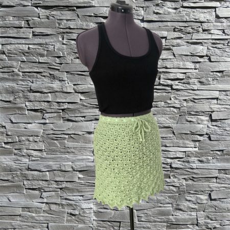 Handmade Sage Green Crochet Mini Skirt with Beaded Trim – Size 8