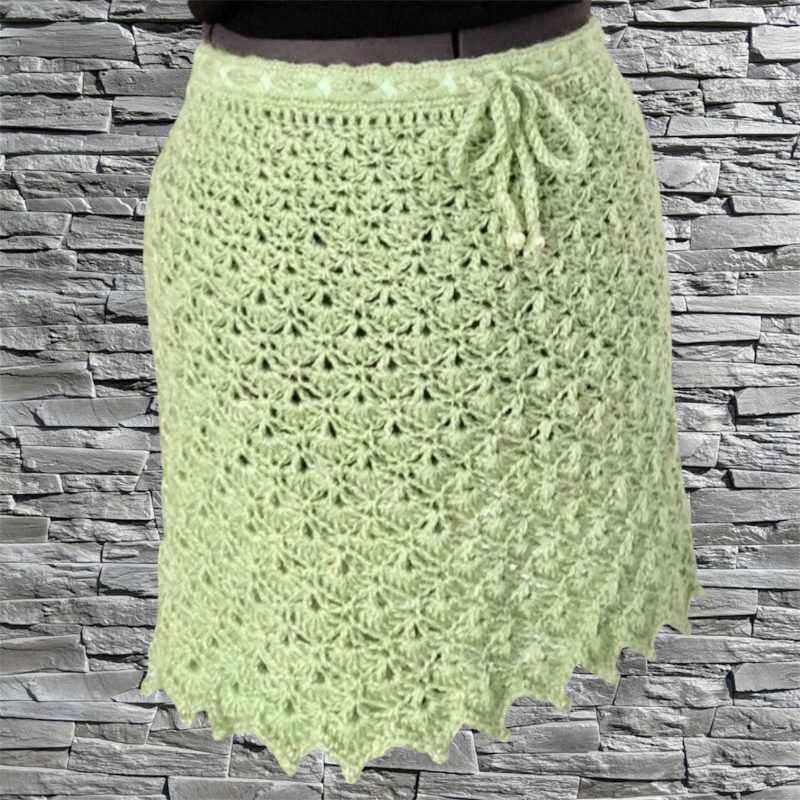 Handmade Sage Green Crochet Mini Skirt with Beaded Trim – Size 8