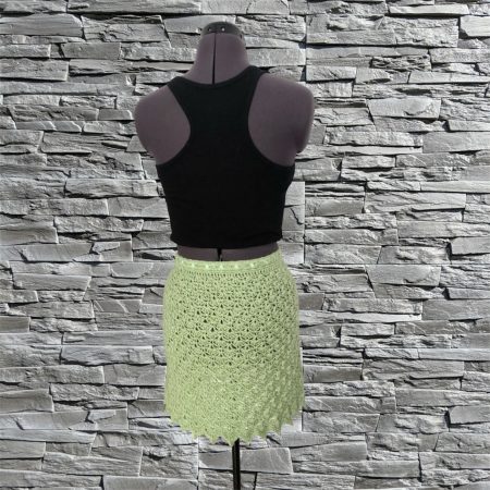 Handmade Sage Green Crochet Mini Skirt with Beaded Trim – Size 8