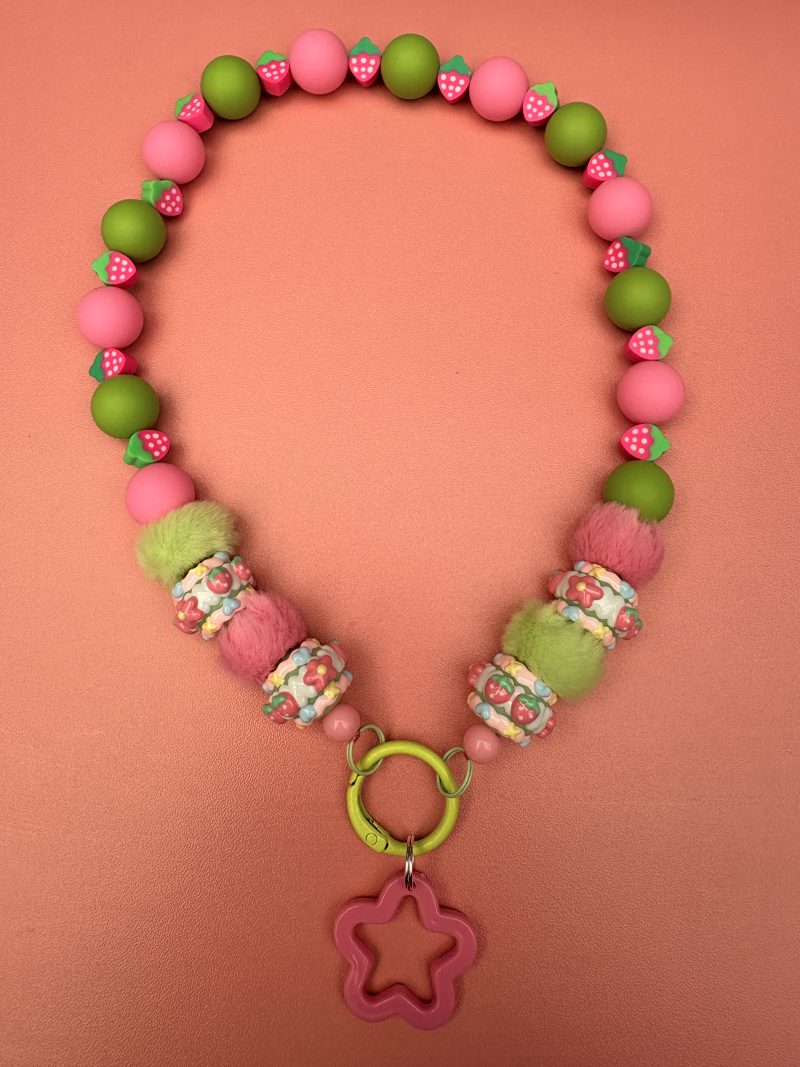 Pink and green strawberry themed funky bright necklace