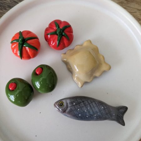 Mediterranean realistic food fridge magnets - olives, tomatoes, ravioli and sardine
