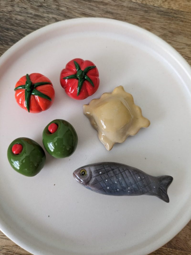 Mediterranean realistic food fridge magnets - olives, tomatoes, ravioli and sardine