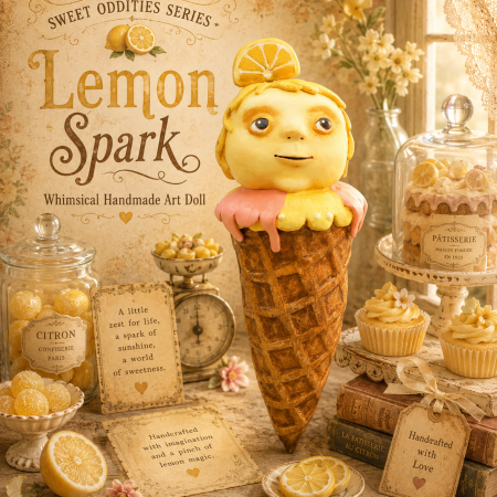 Lemon Spark OOAK Art Doll, Handmade Paper Clay Ice Cream Character