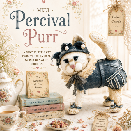 Handmade Vintage-Style Paper Clay Cat Doll, Percival Purr
