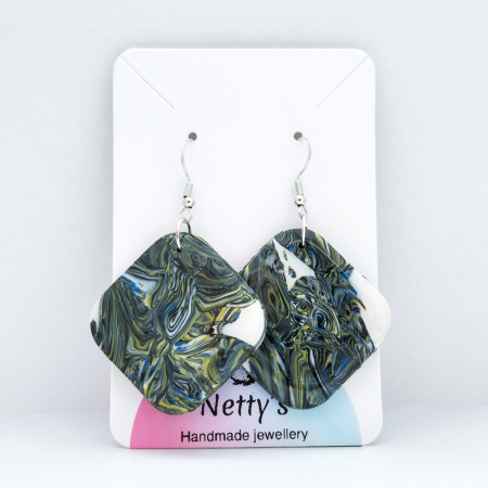 Square shaped polymer clay earrings with green and blue swirls.