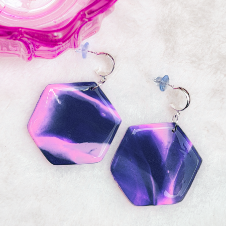 Hexagon shaped, purple polymer clay earrings.