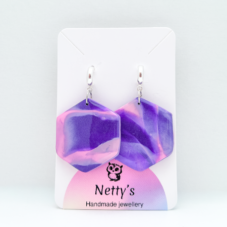 Hexagon shaped, purple polymer clay earrings.