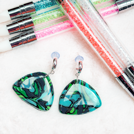 Blue stained glass style, triangular earrings.