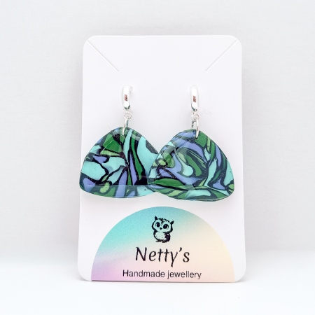 Blue stained glass style, triangular earrings.