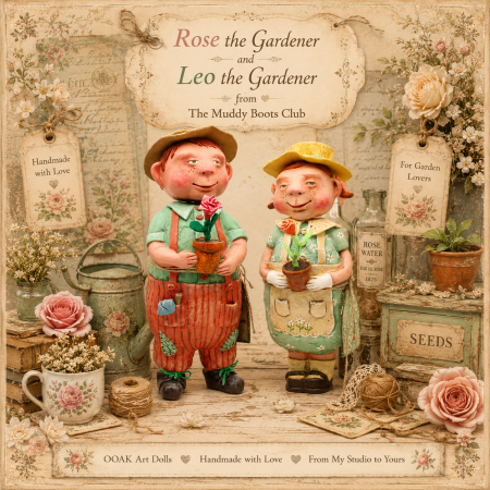Handmade Rose & Leo Gardeners Art Dolls, Set of Two, 24-26cm