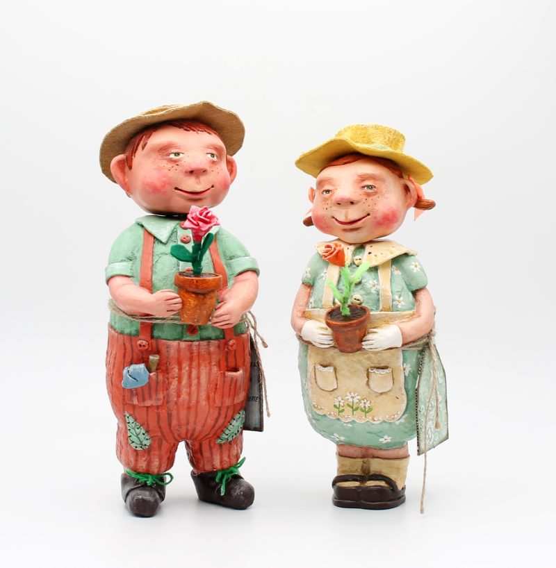 Handmade Rose & Leo Gardeners Art Dolls, Set of Two, 24-26cm