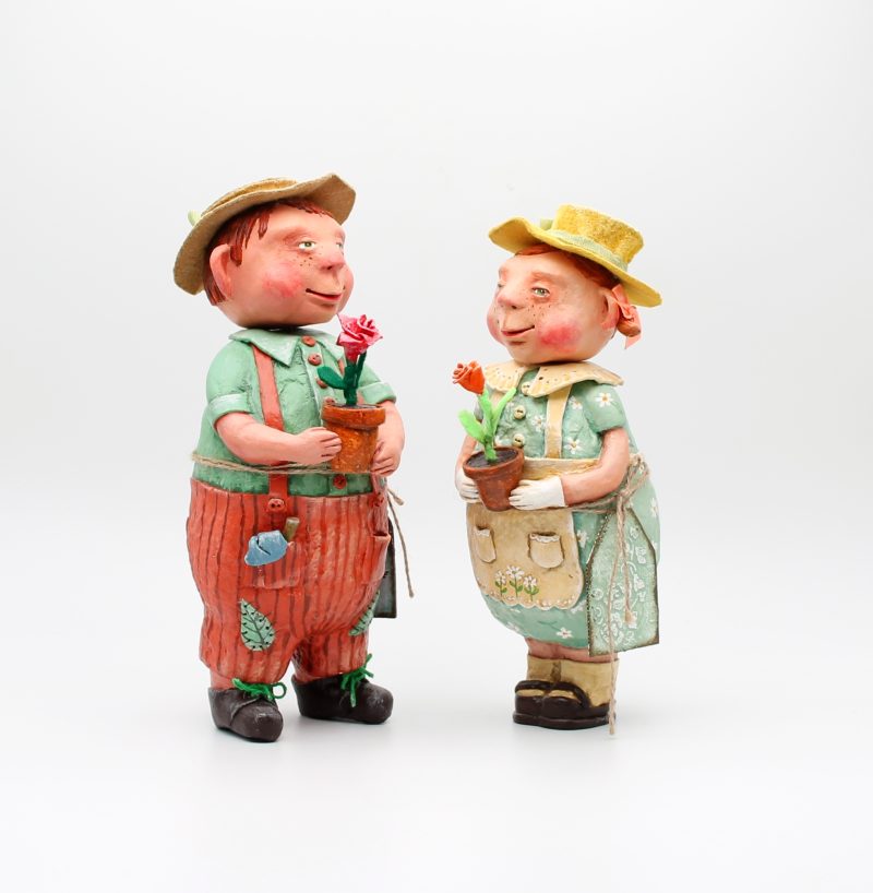 Handmade Rose & Leo Gardeners Art Dolls, Set of Two, 24-26cm