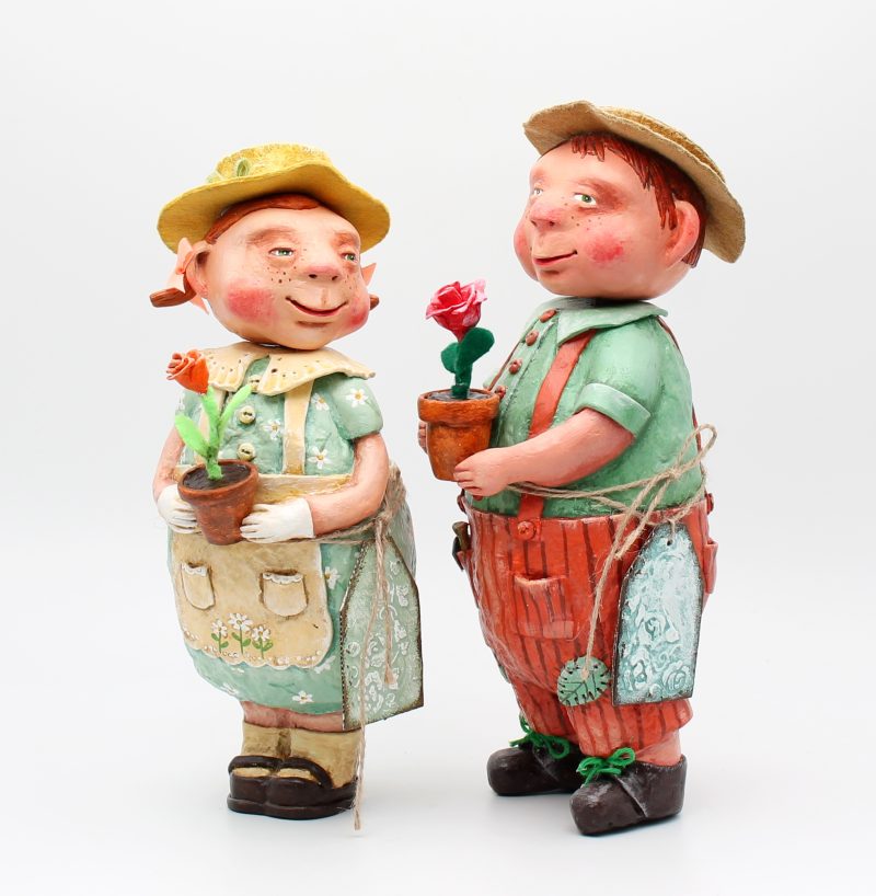 Handmade Rose & Leo Gardeners Art Dolls, Set of Two, 24-26cm