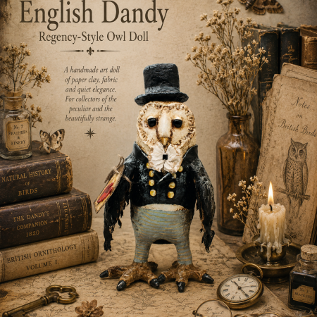 Handmade English Dandy Regency-Style Owl Art Doll, 27cm Tall