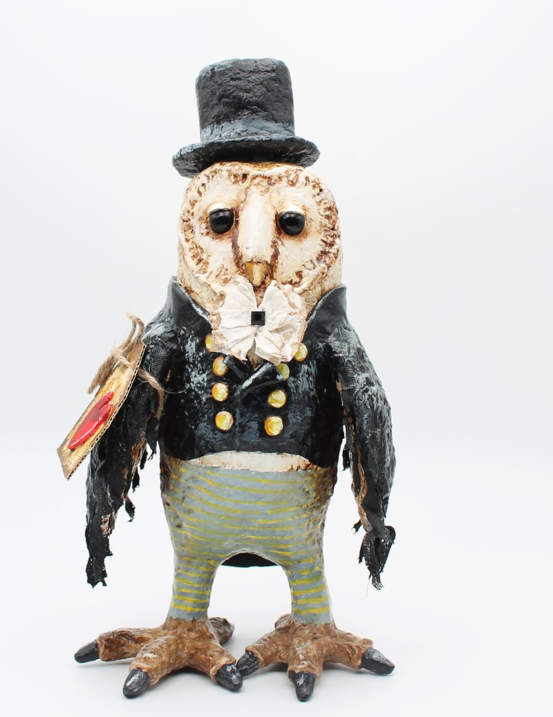 Handmade English Dandy Regency-Style Owl Art Doll, 27cm Tall