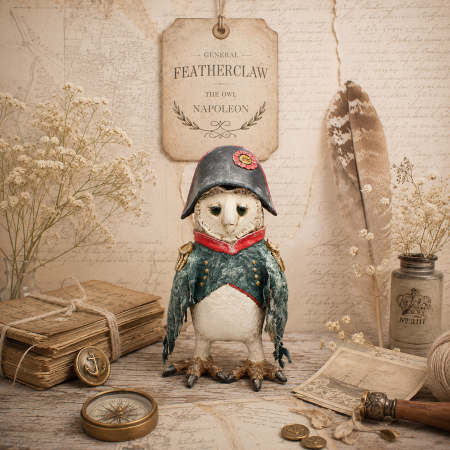 Hand-Sculpted Paper Clay Owl Art Doll, 25cm Tall, 'General Featherclaw'