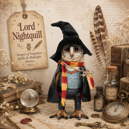 Hand-Sculpted Owl Art Doll Inspired by Lord Night Quill, 30cm Tall