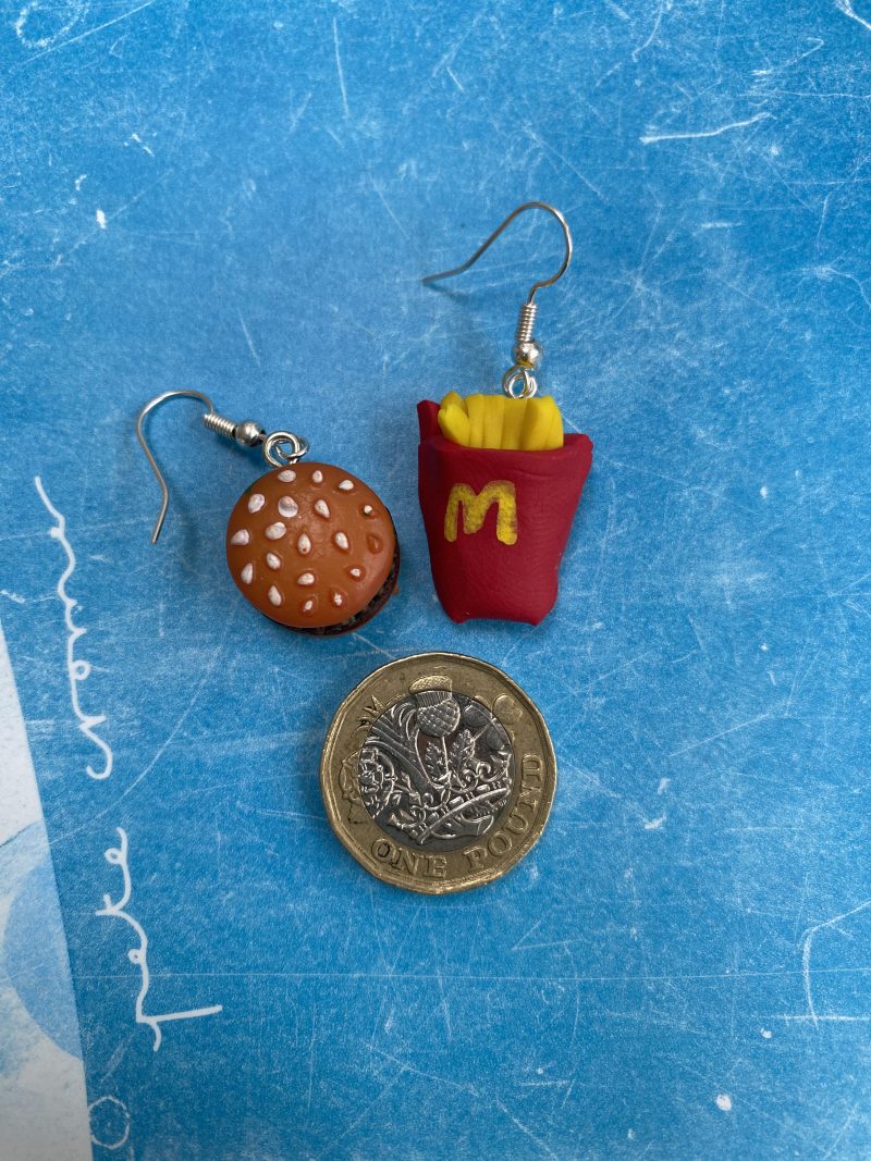 MacDonalds Burger and Chips (or fries!) novelty dangly earrings polymer clay