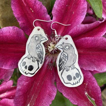 Gothic Edgar Allen Poe Raven and Skull Lightweight Dangly Earrings