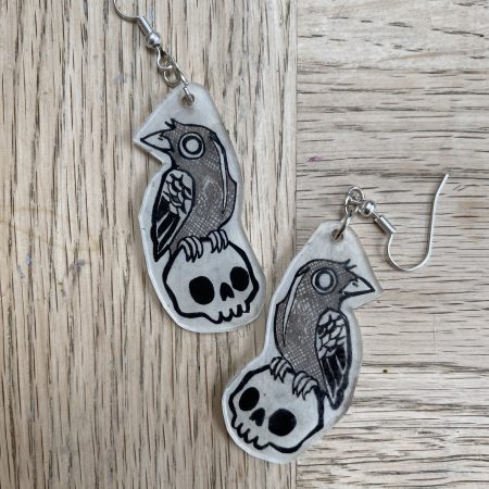 Gothic Edgar Allen Poe Raven and Skull Lightweight Dangly Earrings