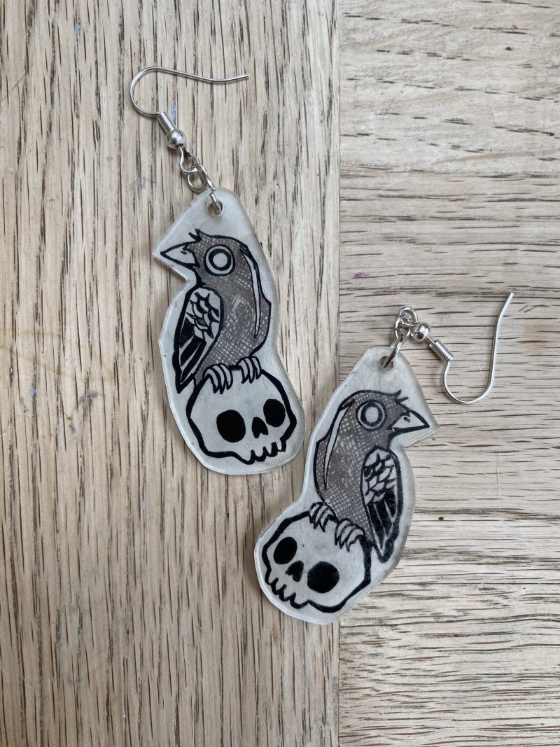 Gothic Edgar Allen Poe Raven and Skull Lightweight Dangly Earrings