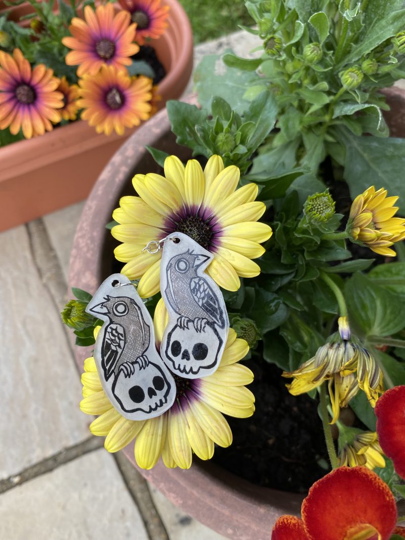 Gothic Edgar Allen Poe Raven and Skull Lightweight Dangly Earrings