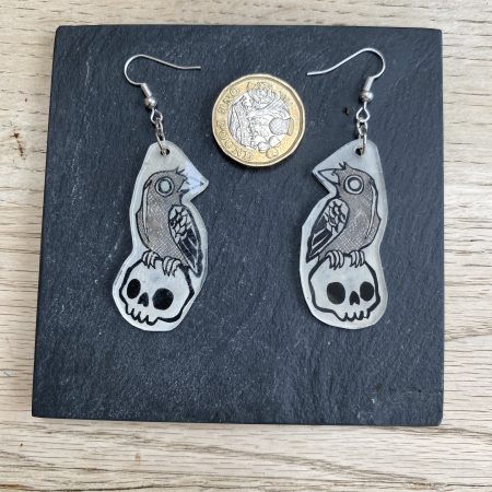 Gothic Edgar Allen Poe Raven and Skull Lightweight Dangly Earrings