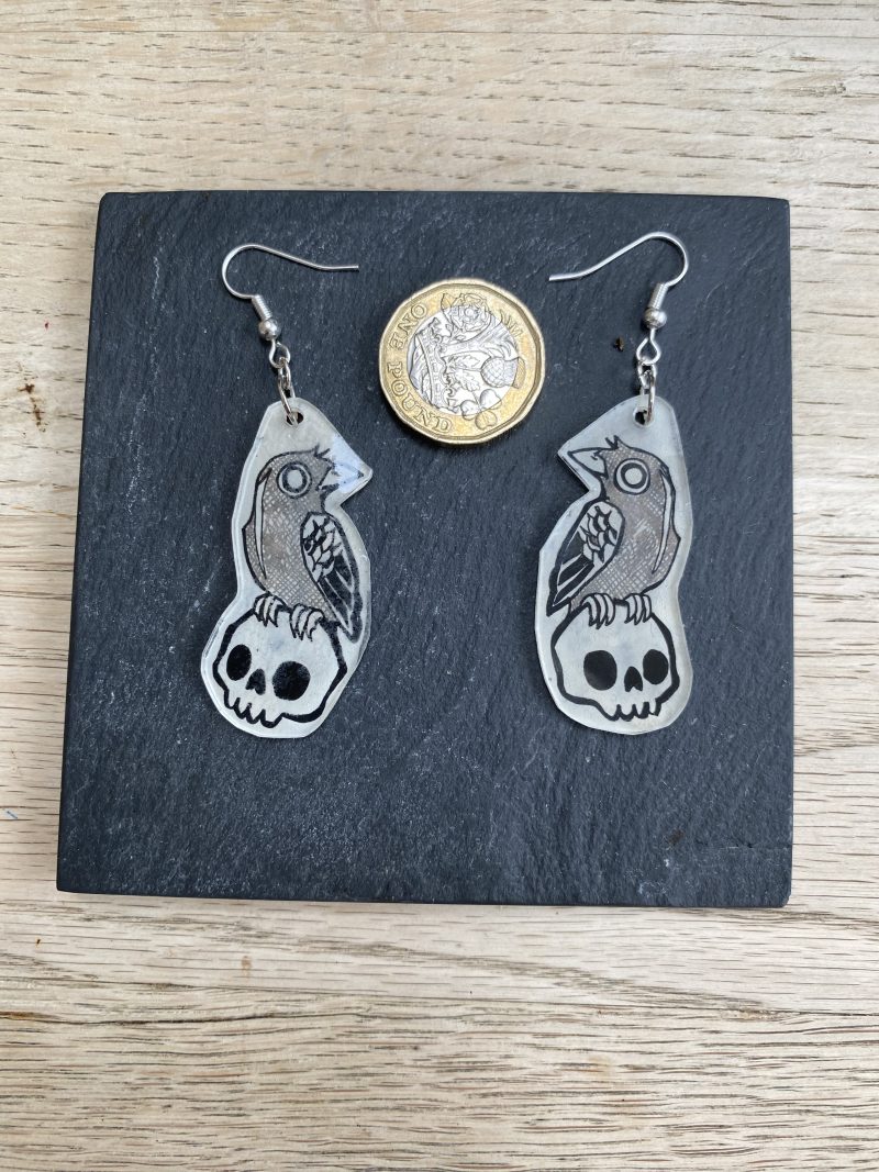Gothic Edgar Allen Poe Raven and Skull Lightweight Dangly Earrings